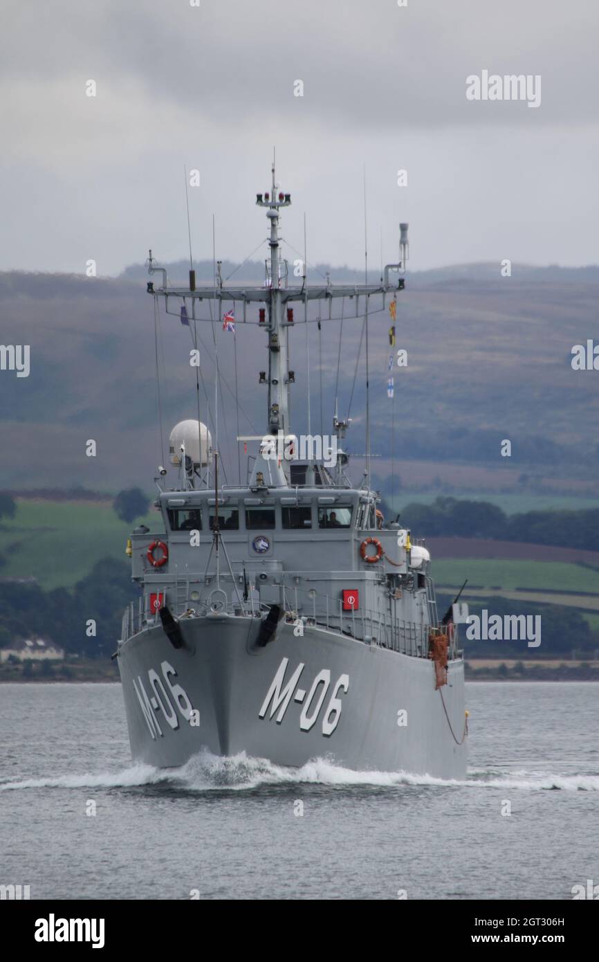 LVNS Talivaldis (M-06), an Alkmaar-class (Tripartite) minehunter operated by the Latvian Navy, passing Greenock on the Firth of Clyde, as she heads out to take part in the military exercises Dynamic Mariner 2021 and Joint Warrior 21-2. This vessel once served in the Royal Netherlands Navy before being decommissioned and sold to Latvia. Stock Photo