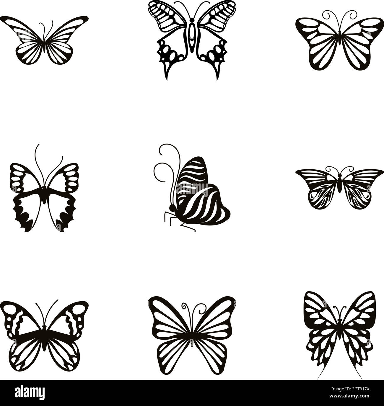 Black and white butterfly icons set, cartoon style Stock Vector Image