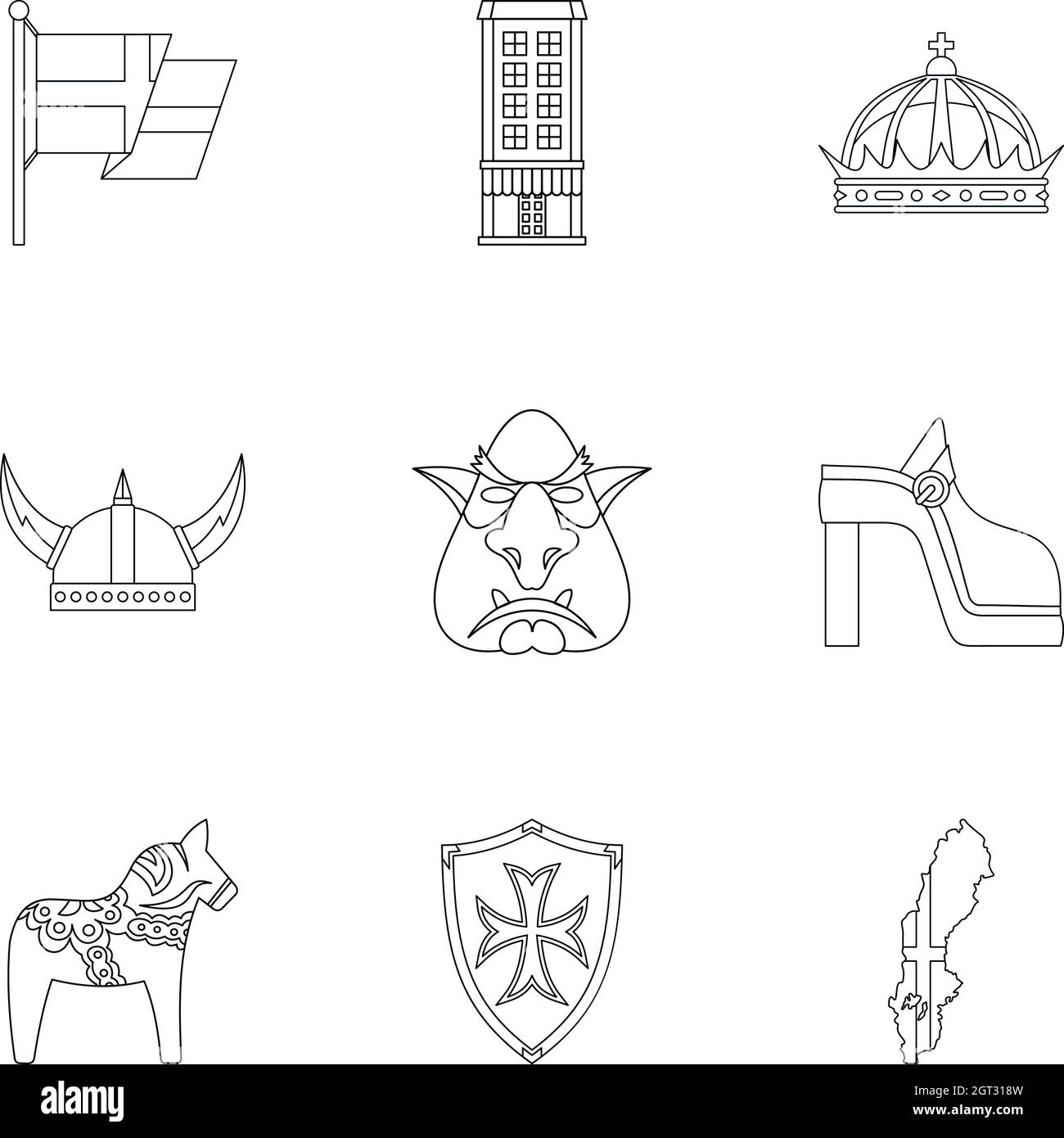 Tourism in Sweden icons set, outline style Stock Vector