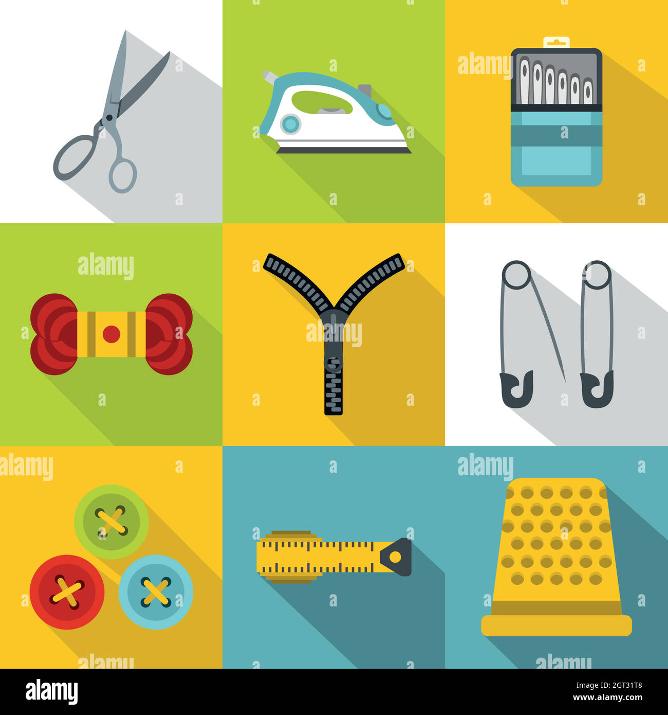 Sewing supplies icons set, flat style Stock Vector