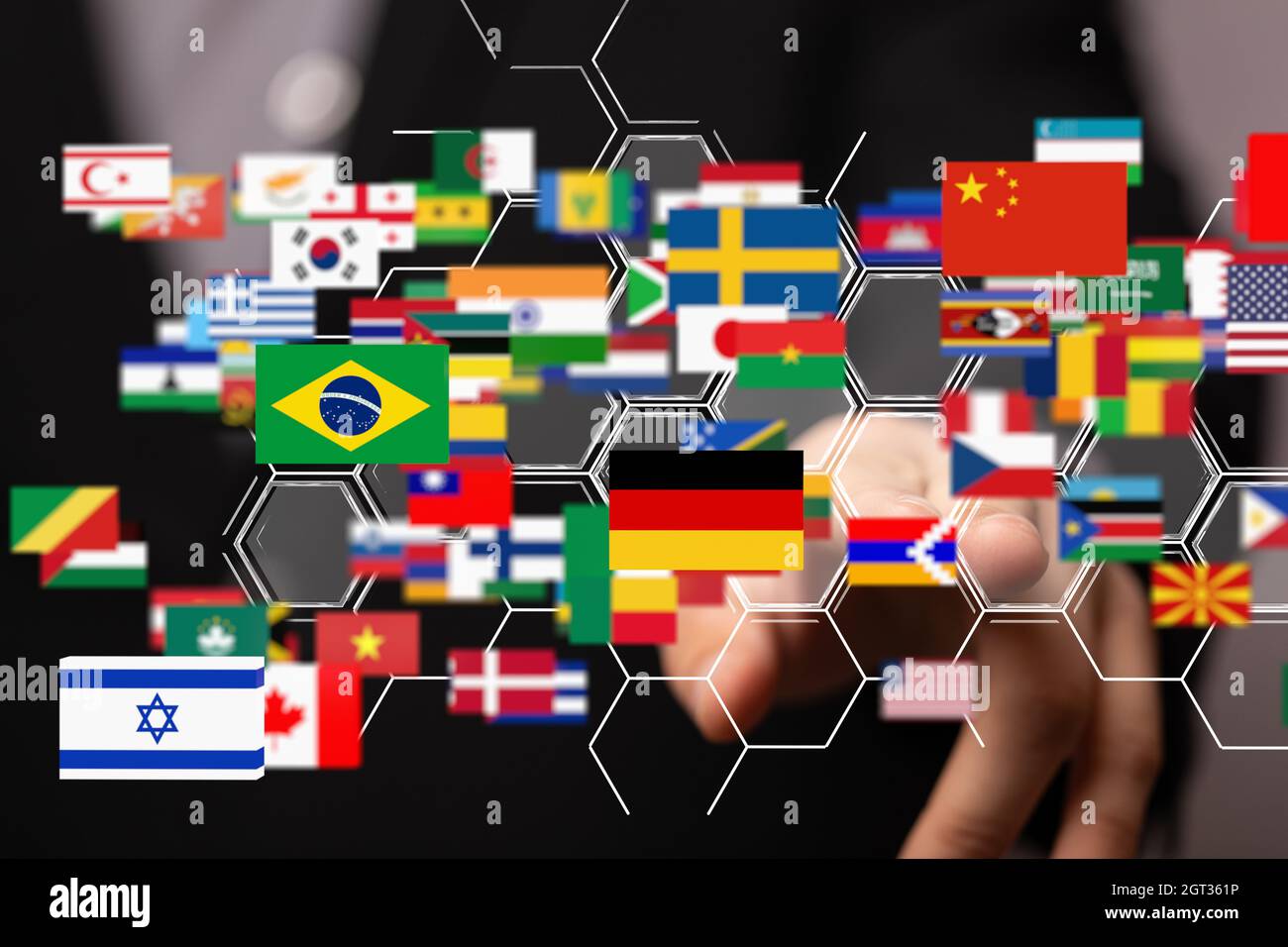 3D rendering of floating national flags of the world with hand pointing ...