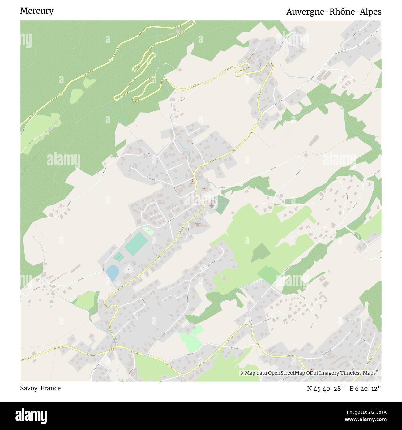 Mercury, Savoy, France, Auvergne-Rhône-Alpes, N 45 40' 28'', E 6 20' 12'', map, Timeless Map published in 2021. Travelers, explorers and adventurers like Florence Nightingale, David Livingstone, Ernest Shackleton, Lewis and Clark and Sherlock Holmes relied on maps to plan travels to the world's most remote corners, Timeless Maps is mapping most locations on the globe, showing the achievement of great dreams Stock Photo