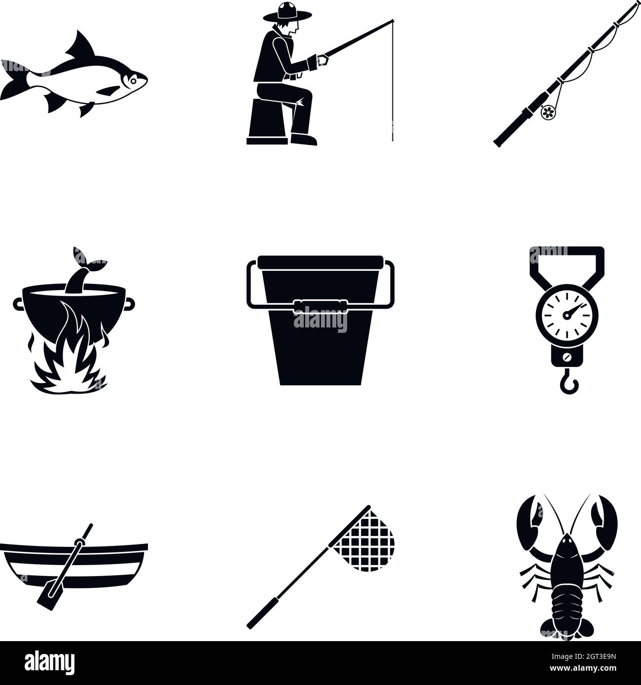 Hunting for fish icons set, simple style Stock Vector