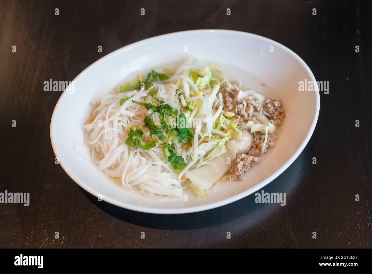 High Angle View Of Noodle Soup In Bowl Stock Photo