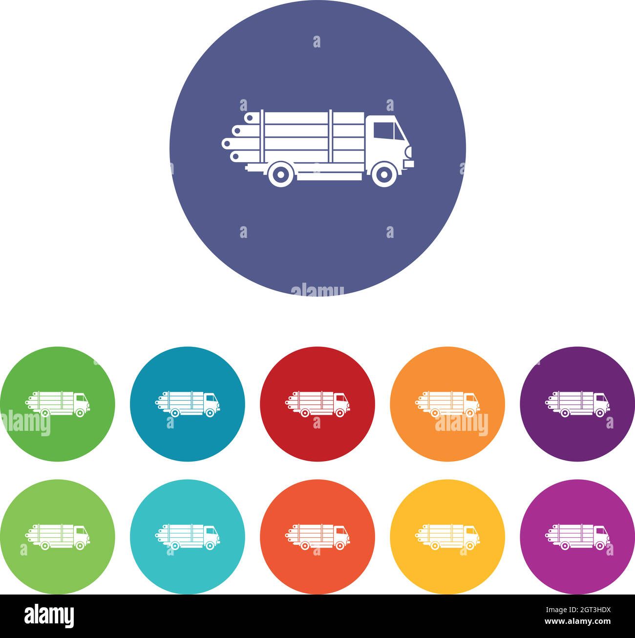 Log truck with the pile of logs set icons Stock Vector