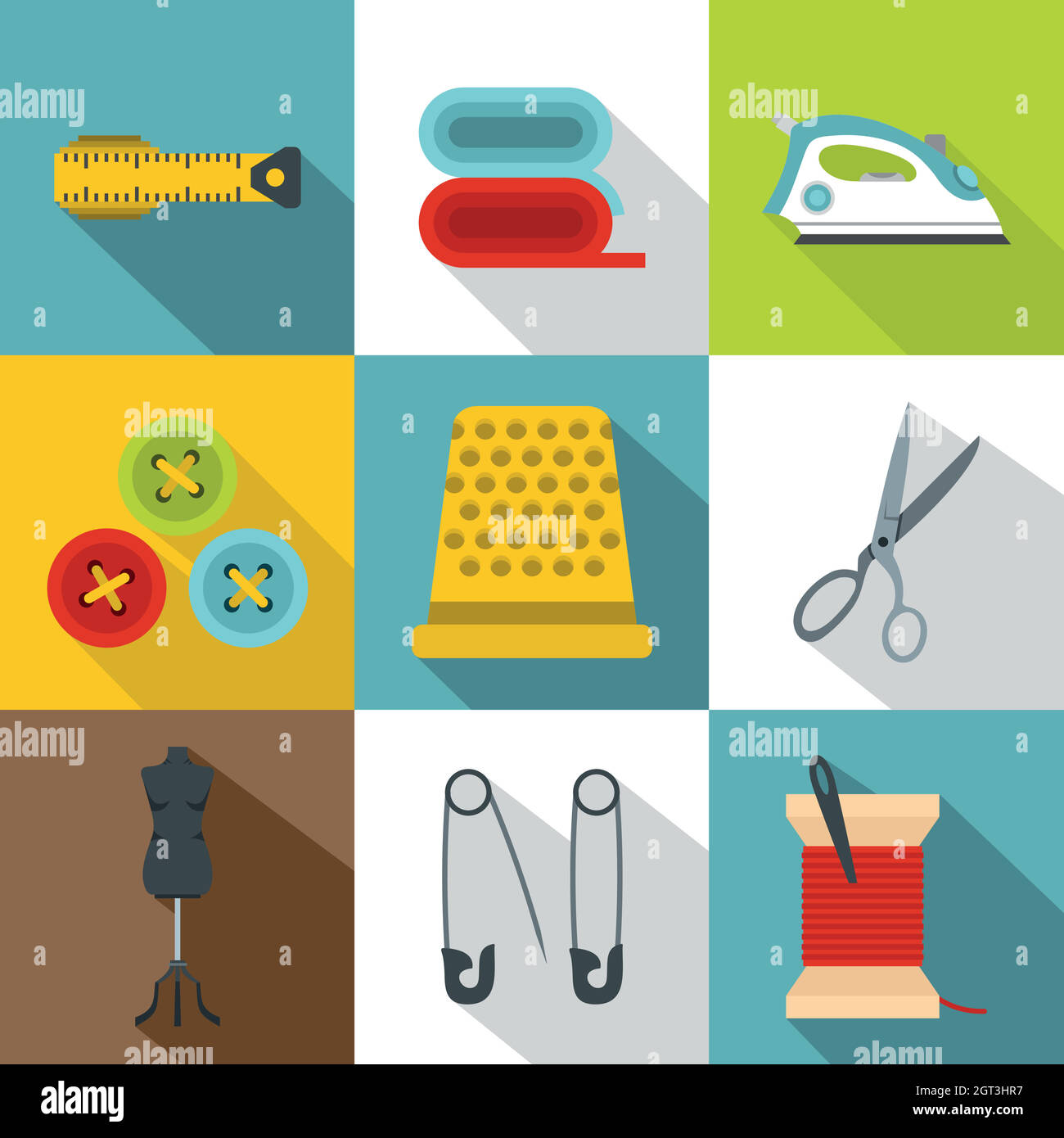 Tools for sewing dresses icons set, flat style Stock Vector