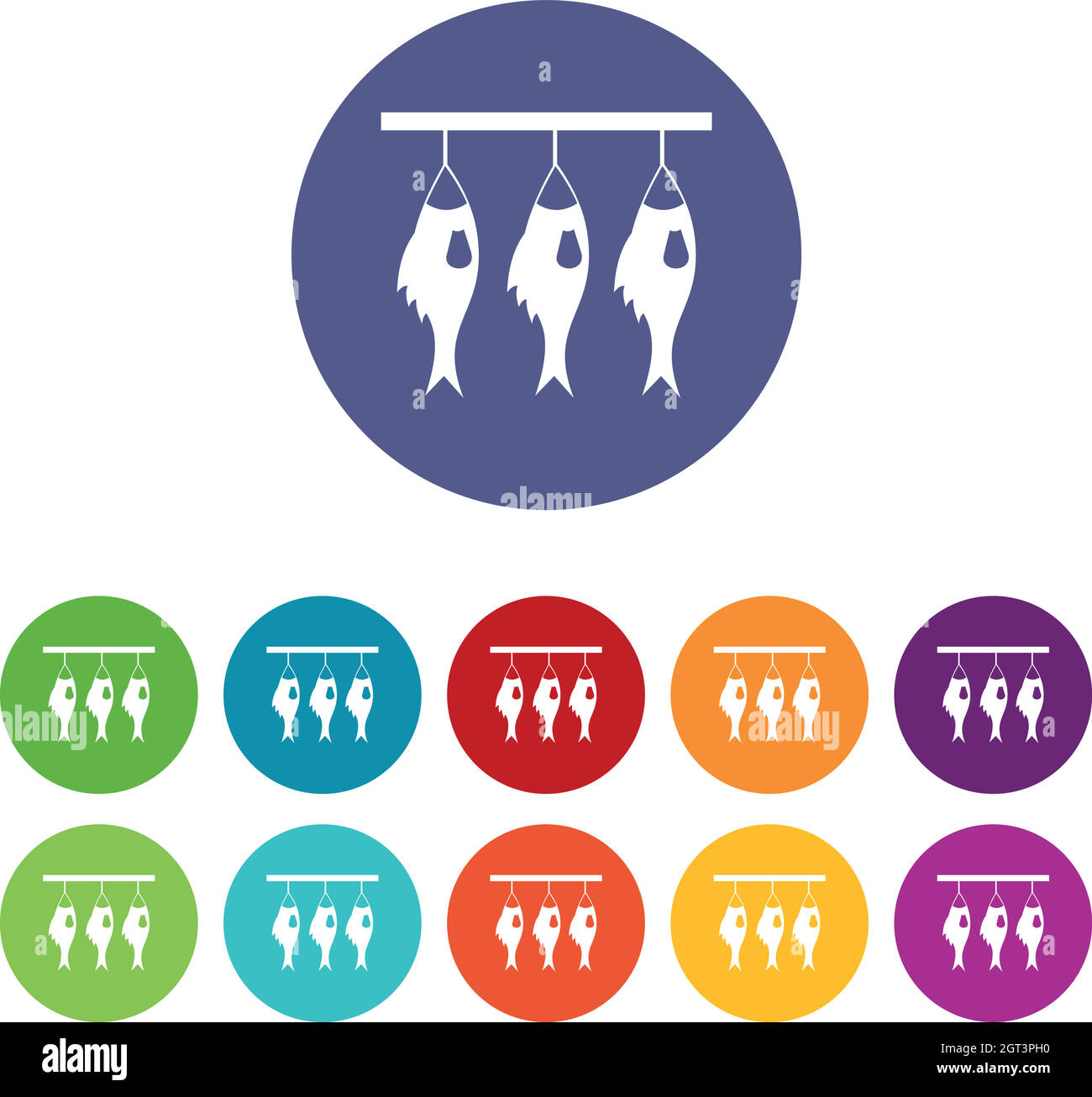 Three dried fish hanging on a rope set icons Stock Vector