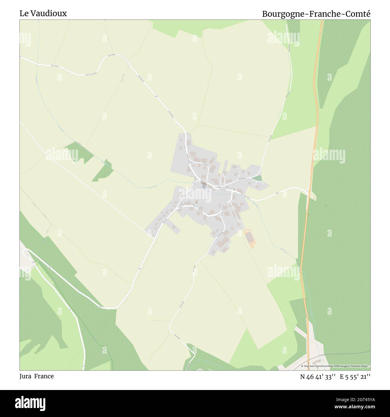 Le Vaudioux, Jura, France, Bourgogne-Franche-Comté, N 46 41' 33'', E 5 55' 21'', map, Timeless Map published in 2021. Travelers, explorers and adventurers like Florence Nightingale, David Livingstone, Ernest Shackleton, Lewis and Clark and Sherlock Holmes relied on maps to plan travels to the world's most remote corners, Timeless Maps is mapping most locations on the globe, showing the achievement of great dreams Stock Photo
