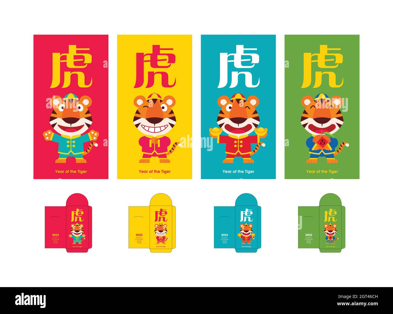 Cute tiger wear traditional costume greeting on colourful Chinese
