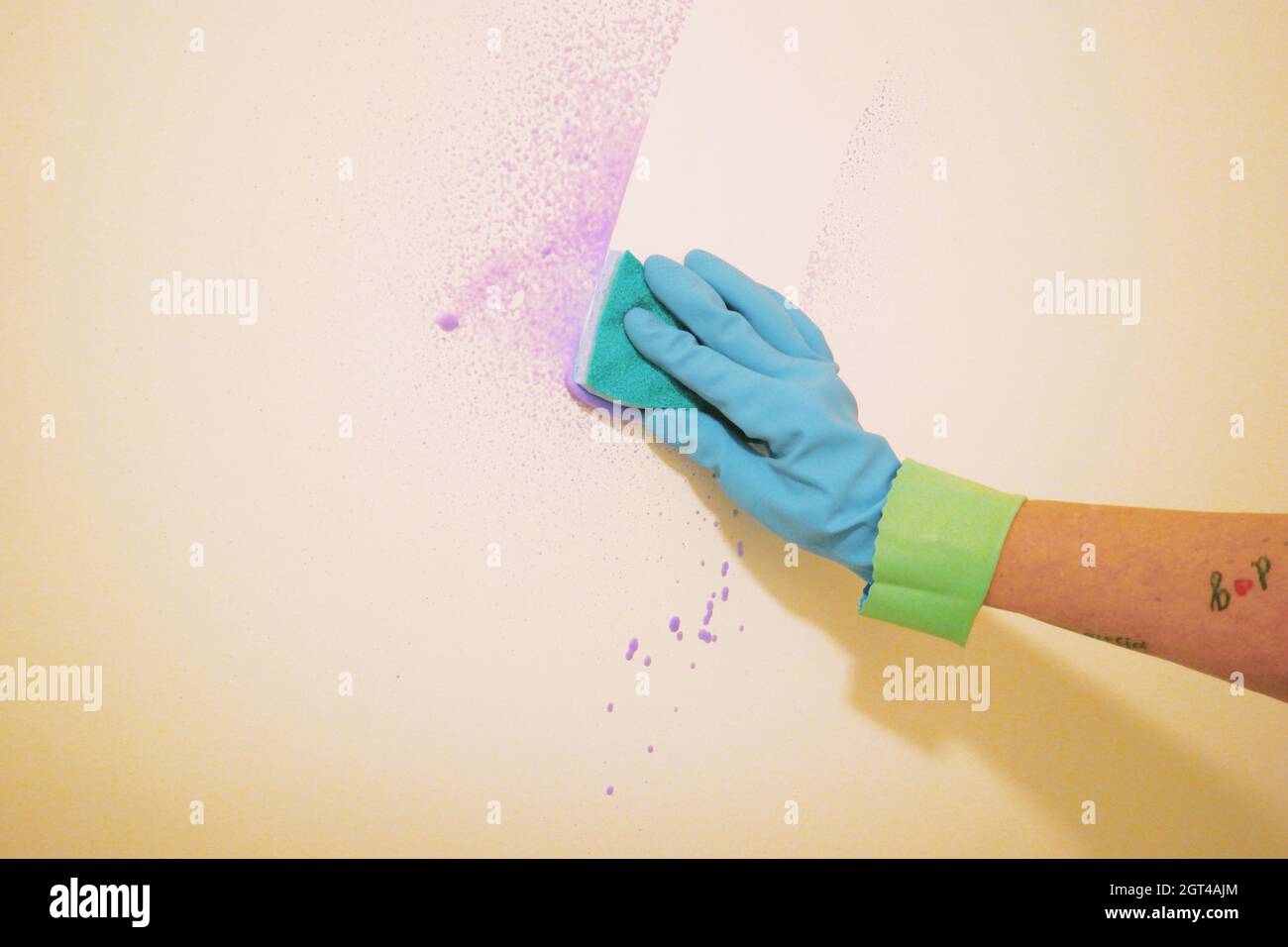 Cropped Hand Of Woman Cleaning Wall Stock Photo