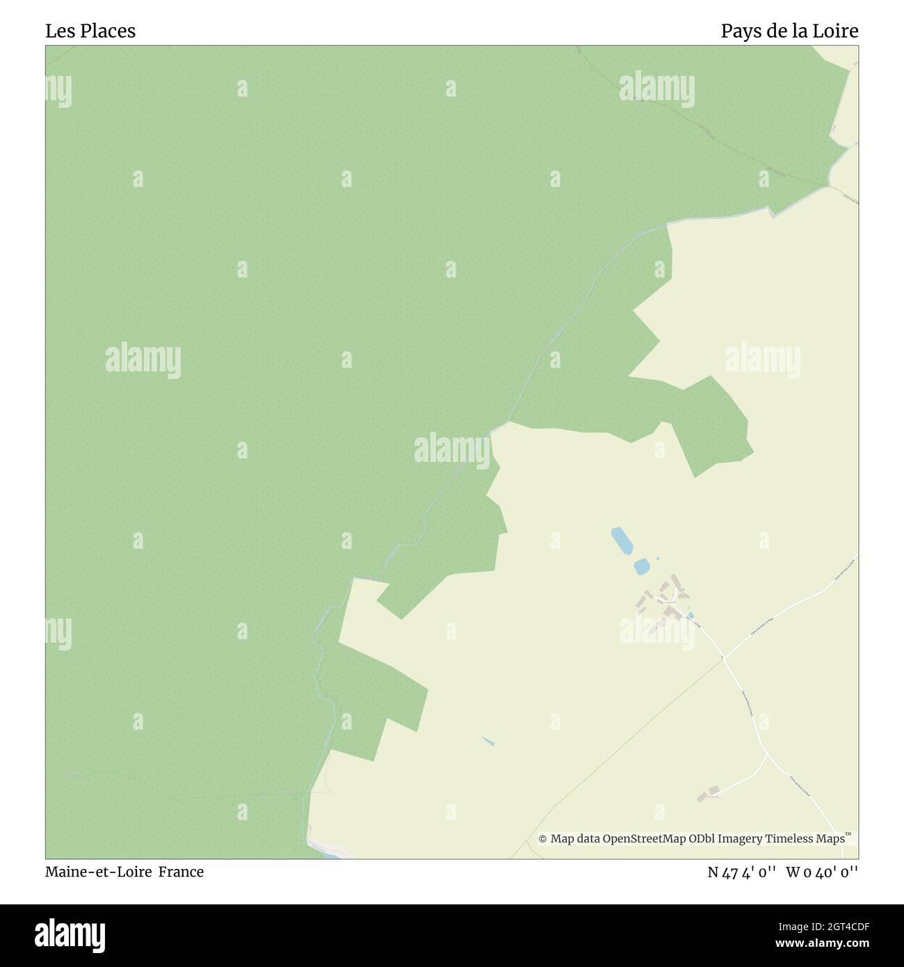 Les Places, Maine-et-Loire, France, Pays de la Loire, N 47 4' 0'', W 0 40' 0'', map, Timeless Map published in 2021. Travelers, explorers and adventurers like Florence Nightingale, David Livingstone, Ernest Shackleton, Lewis and Clark and Sherlock Holmes relied on maps to plan travels to the world's most remote corners, Timeless Maps is mapping most locations on the globe, showing the achievement of great dreams Stock Photo