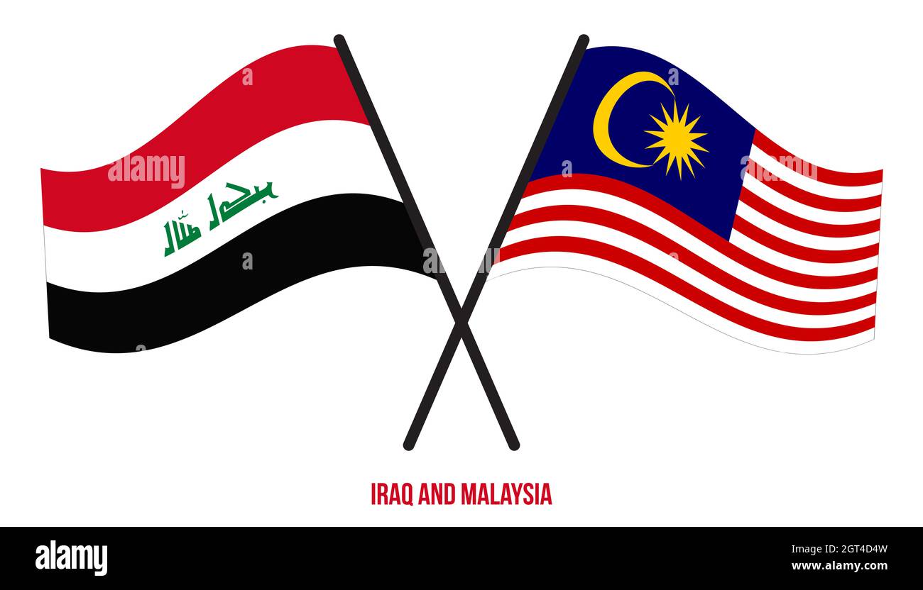 Iraq and Malaysia Flags Crossed And Waving Flat Style. Official Proportion. Correct Colors. Stock Photo
