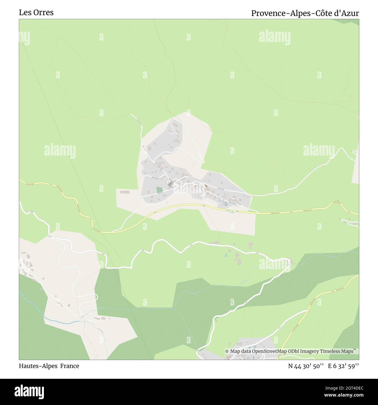 Les Orres, Hautes-Alpes, France, Provence-Alpes-Côte d'Azur, N 44 30' 50'', E 6 32' 59'', map, Timeless Map published in 2021. Travelers, explorers and adventurers like Florence Nightingale, David Livingstone, Ernest Shackleton, Lewis and Clark and Sherlock Holmes relied on maps to plan travels to the world's most remote corners, Timeless Maps is mapping most locations on the globe, showing the achievement of great dreams Stock Photo