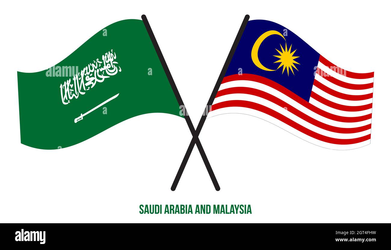 Saudi Arabia and Malaysia Flags Crossed And Waving Flat Style. Official Proportion. Correct Colors. Stock Photo