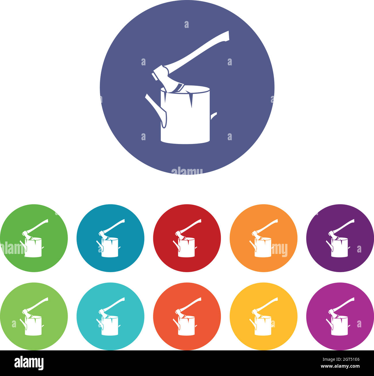 Axe stuck in a tree stump set icons Stock Vector
