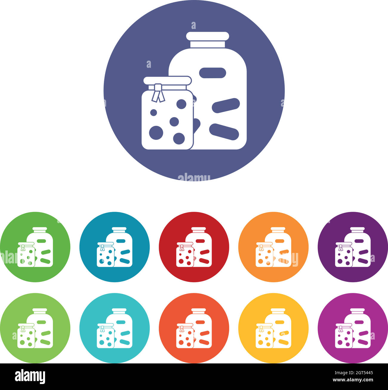 Jars with pickled vegetables and jam set icons Stock Vector