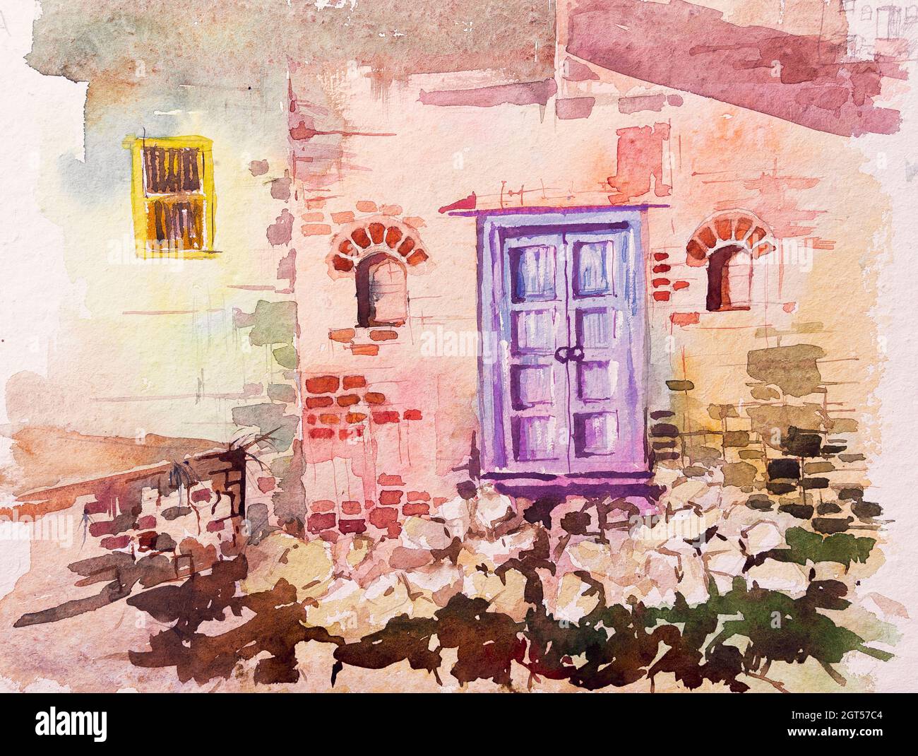 Beautiful watercolour image of a door of an old house. Old bricks are ...