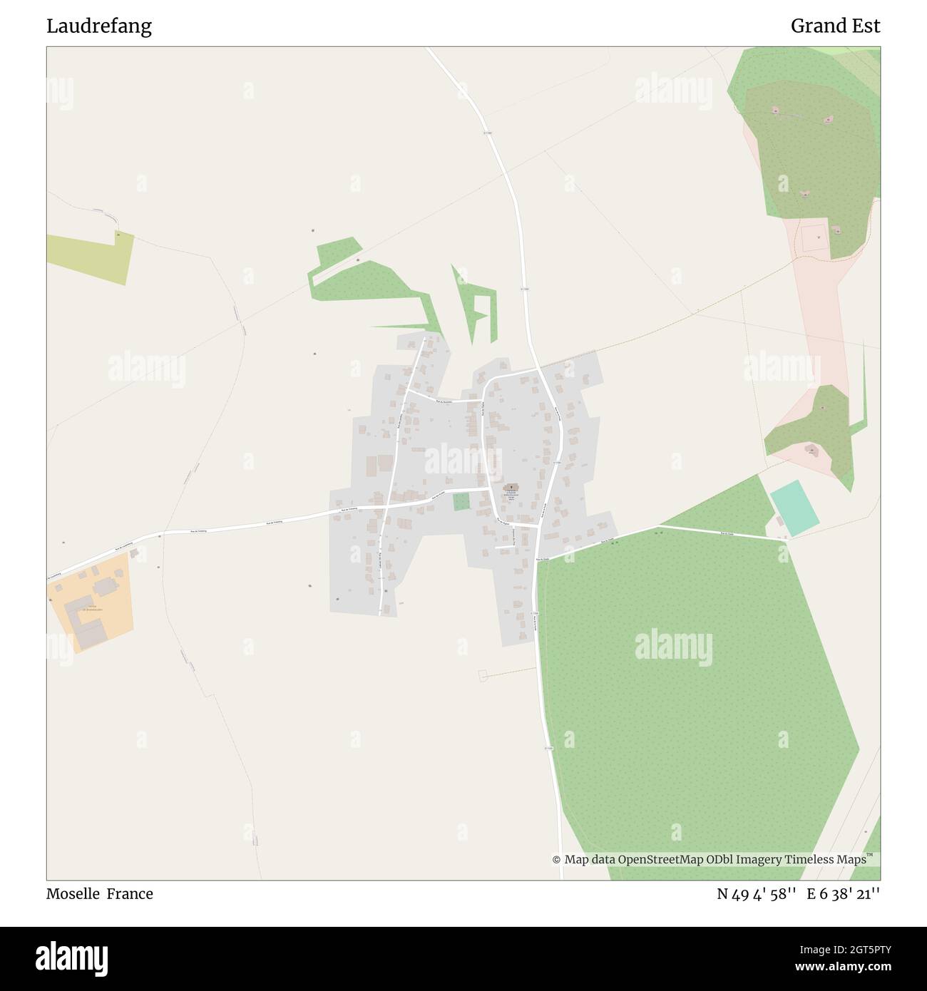 Laudrefang, Moselle, France, Grand Est, N 49 4' 58'', E 6 38' 21'', map, Timeless Map published in 2021. Travelers, explorers and adventurers like Florence Nightingale, David Livingstone, Ernest Shackleton, Lewis and Clark and Sherlock Holmes relied on maps to plan travels to the world's most remote corners, Timeless Maps is mapping most locations on the globe, showing the achievement of great dreams Stock Photo