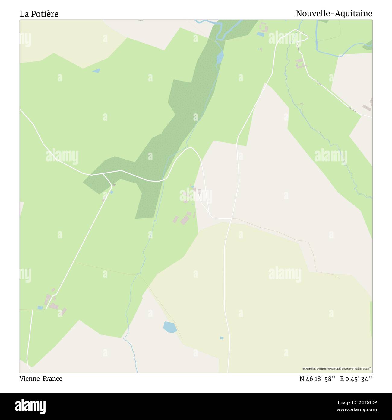 La Potière, Vienne, France, Nouvelle-Aquitaine, N 46 18' 58'', E 0 45' 34'', map, Timeless Map published in 2021. Travelers, explorers and adventurers like Florence Nightingale, David Livingstone, Ernest Shackleton, Lewis and Clark and Sherlock Holmes relied on maps to plan travels to the world's most remote corners, Timeless Maps is mapping most locations on the globe, showing the achievement of great dreams Stock Photo