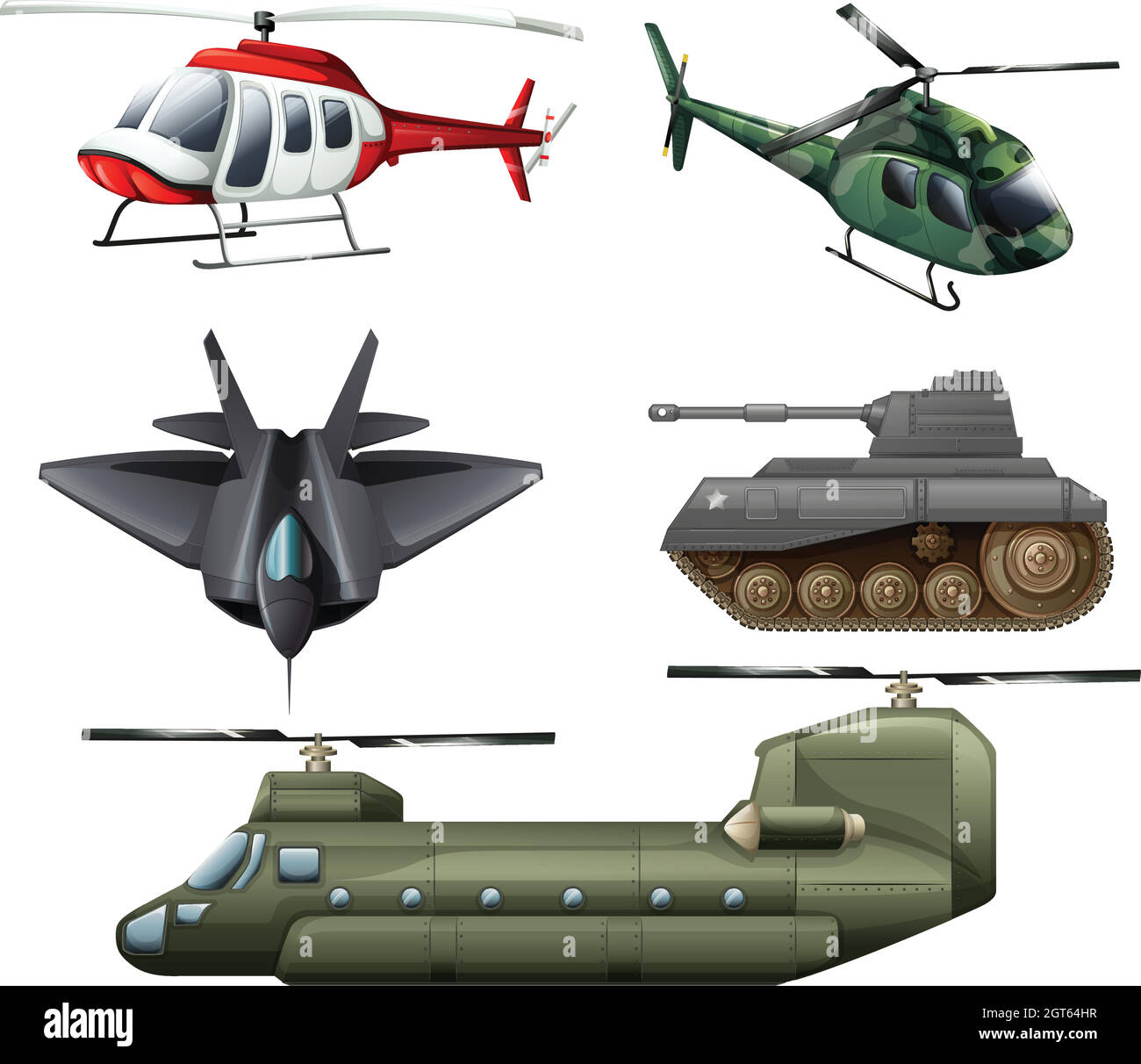 Fighting jetplane, choppers, cannon and tank Stock Vector