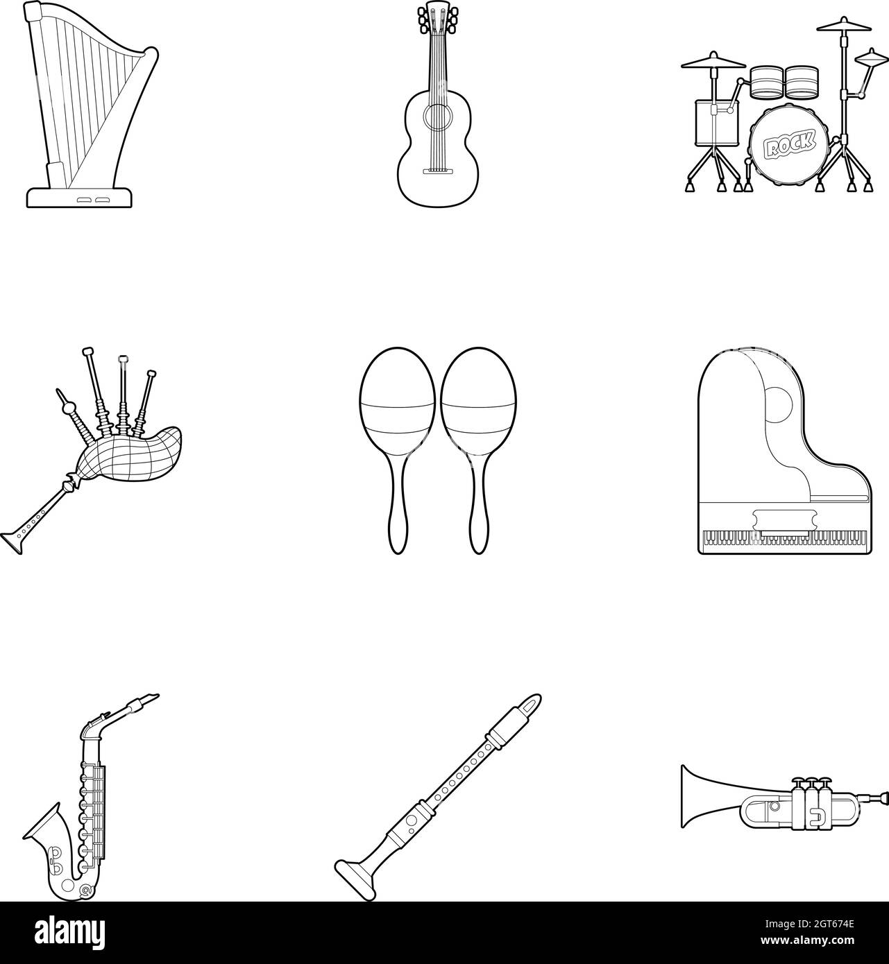 Musical device icons set, outline style Stock Vector