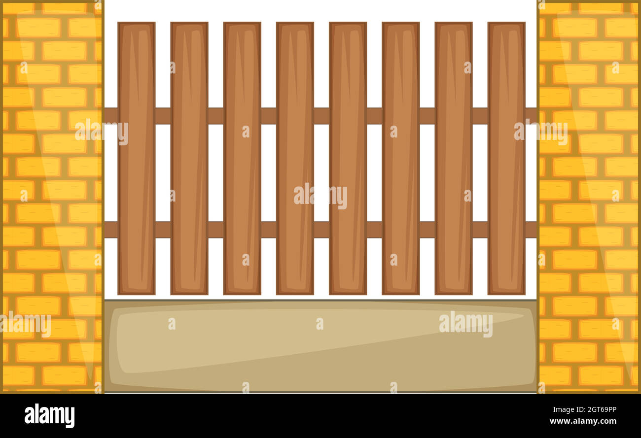 Wooden fence with brick pillars icon cartoon style Stock Vector
