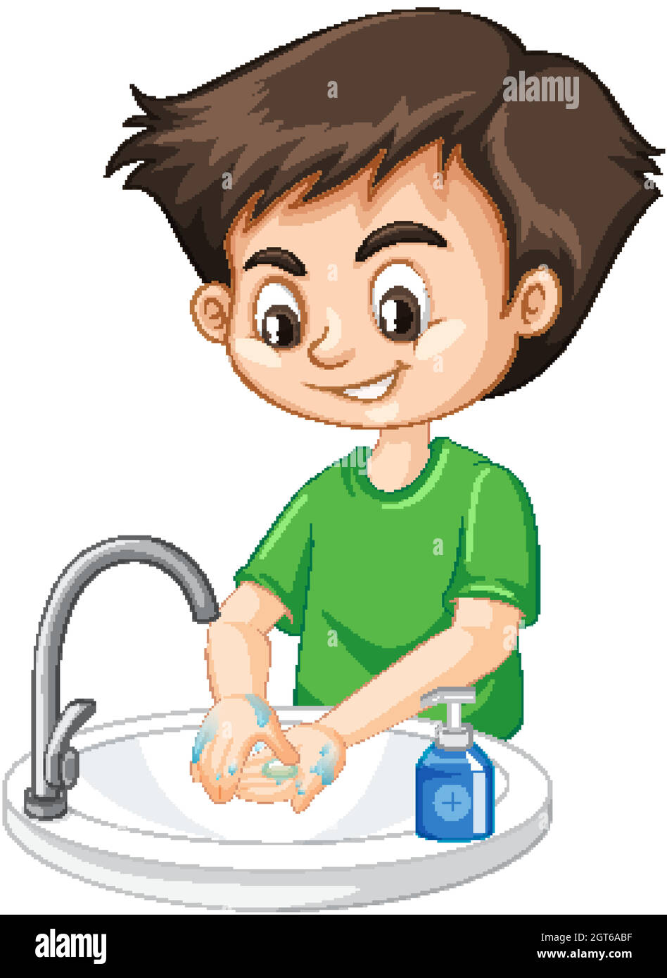 Boy cleaning hands on white background Stock Vector