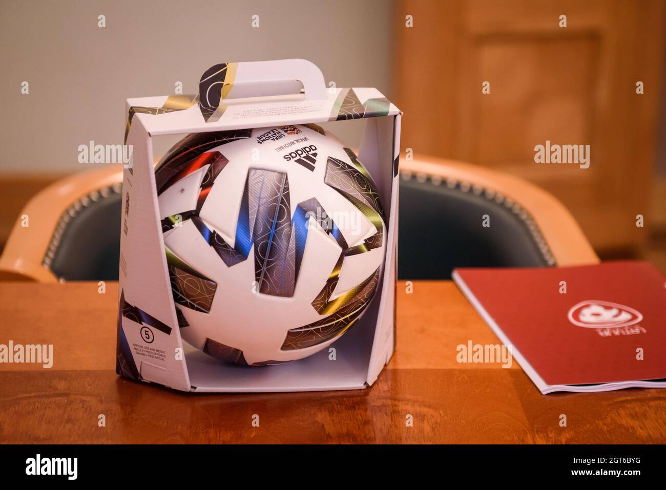 RIGA, LATVIA. 1st October 2021. Adidas football ball. Gianni Infantino  meets with Krisjanis Karins, Prime Minister of Latvia Stock Photo - Alamy