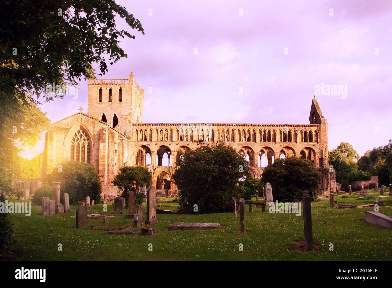 ruined Jedburgh Abbey Scotland, United Kingdom, which was founded in the 12th century, is situated in the town of Jedburgh. Stock Photo
