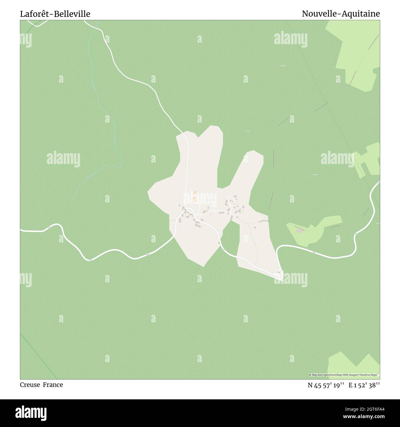 Laforêt-Belleville, Creuse, France, Nouvelle-Aquitaine, N 45 57' 19'', E 1 52' 38'', map, Timeless Map published in 2021. Travelers, explorers and adventurers like Florence Nightingale, David Livingstone, Ernest Shackleton, Lewis and Clark and Sherlock Holmes relied on maps to plan travels to the world's most remote corners, Timeless Maps is mapping most locations on the globe, showing the achievement of great dreams Stock Photo