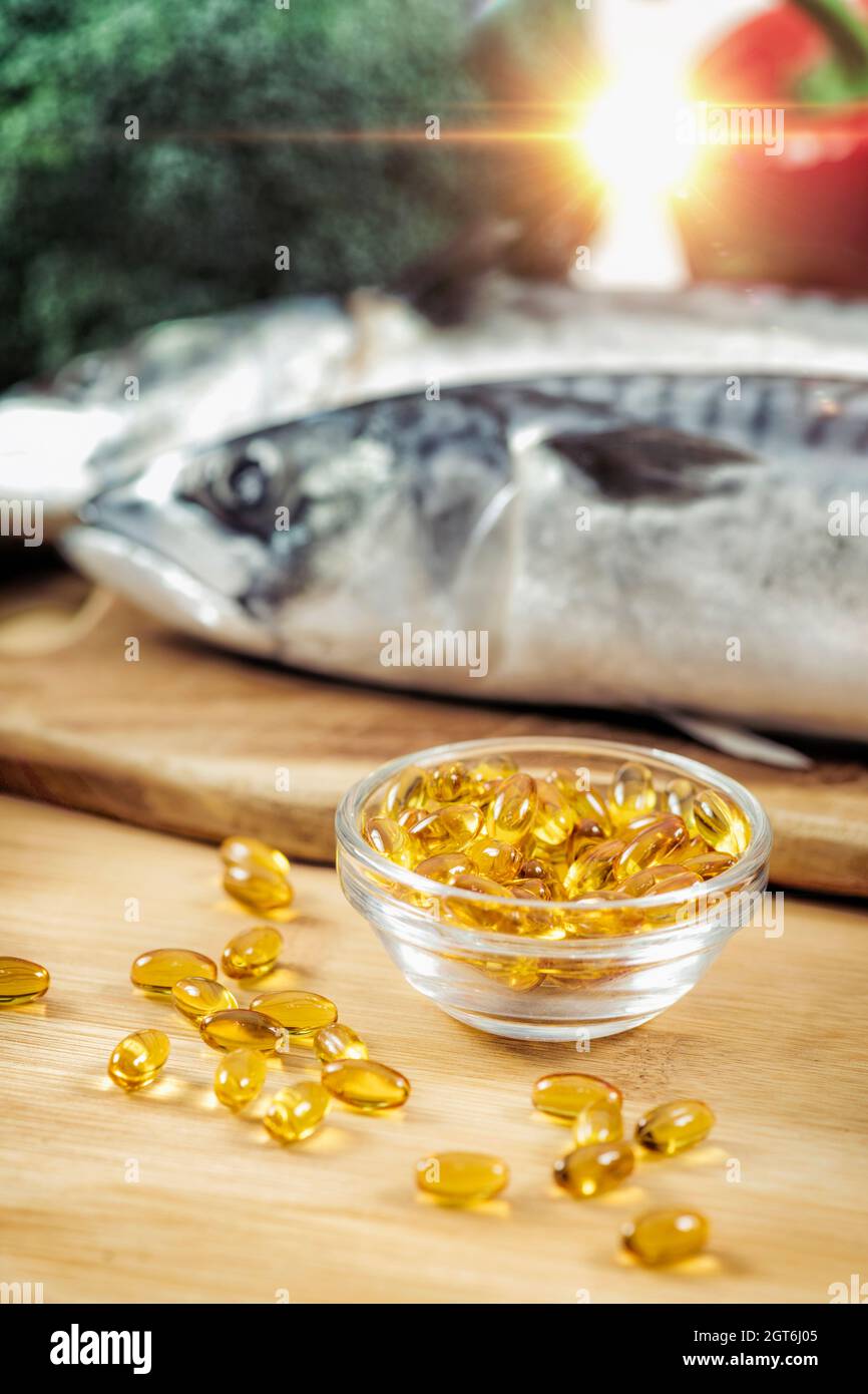 Vitamin D Gel Capsules And Natural Sources Of Vitamin D Stock Photo Alamy