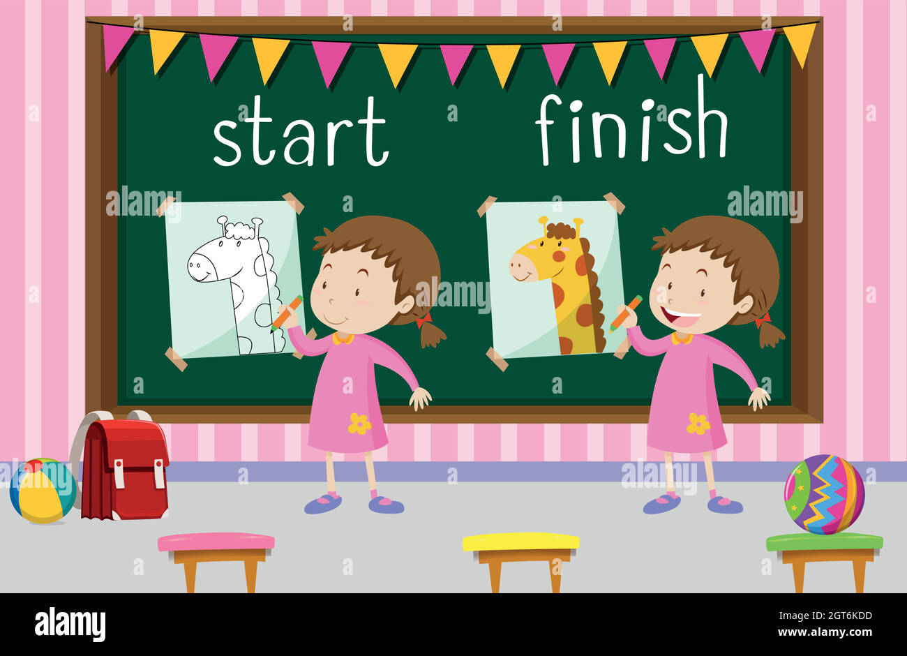 Opposite words for start and finish with girl drawing giraffe Stock ...