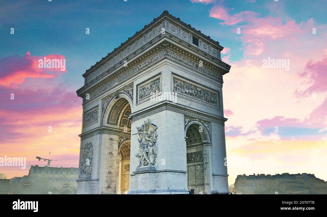The Arc de Triomphe de l'Étoile is one of the most famous monuments in Paris Stock Photo