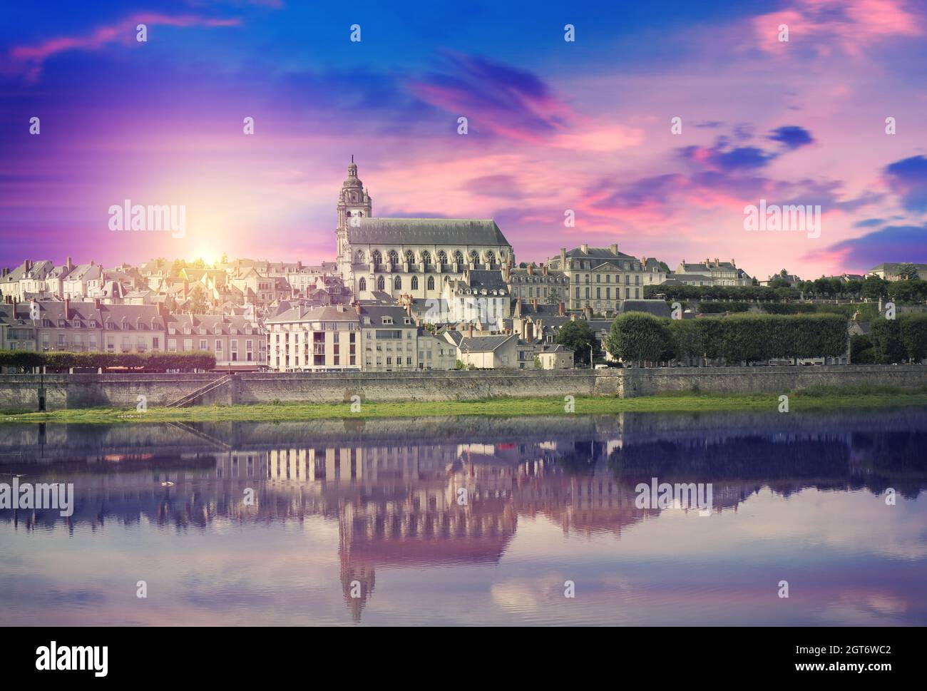 Cityscape of Blois Cathedral, or the Cathedral of St. Louis of Blois and Loire river, Blois, France Stock Photo