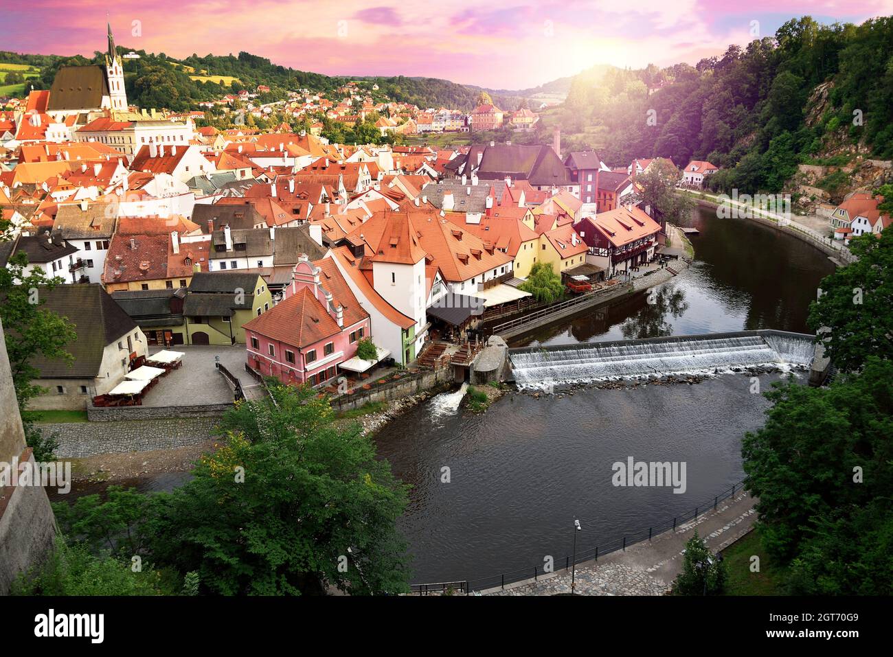 Český Krumlov is a city in the South Bohemia region of the Czech Republic. It’s bisected by the Vltava River, and dominated by its 13th-century castle Stock Photo