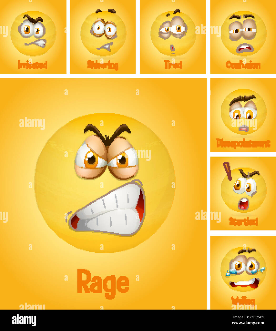 Set of different faces emoji with its description on yellow background Stock Vector