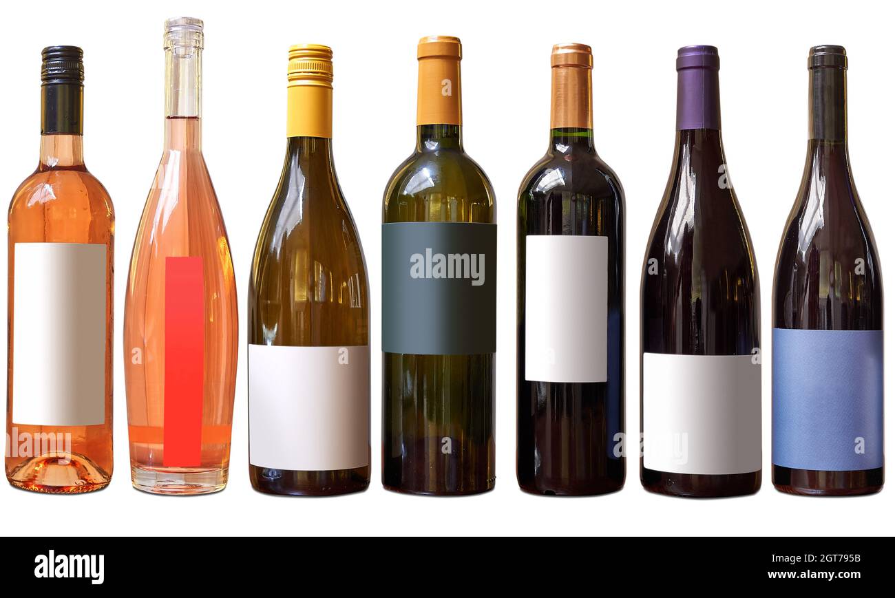 Family Of Different Kind Of Wine Bottles Isolated On White With