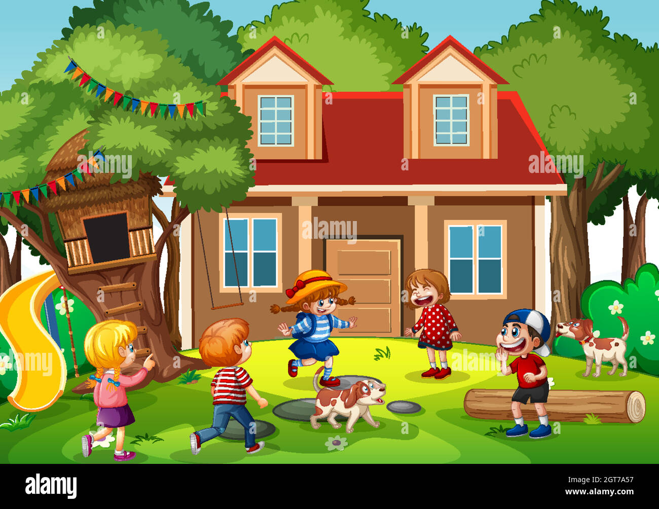 Outdoor scene with many children playing in front of the house Stock