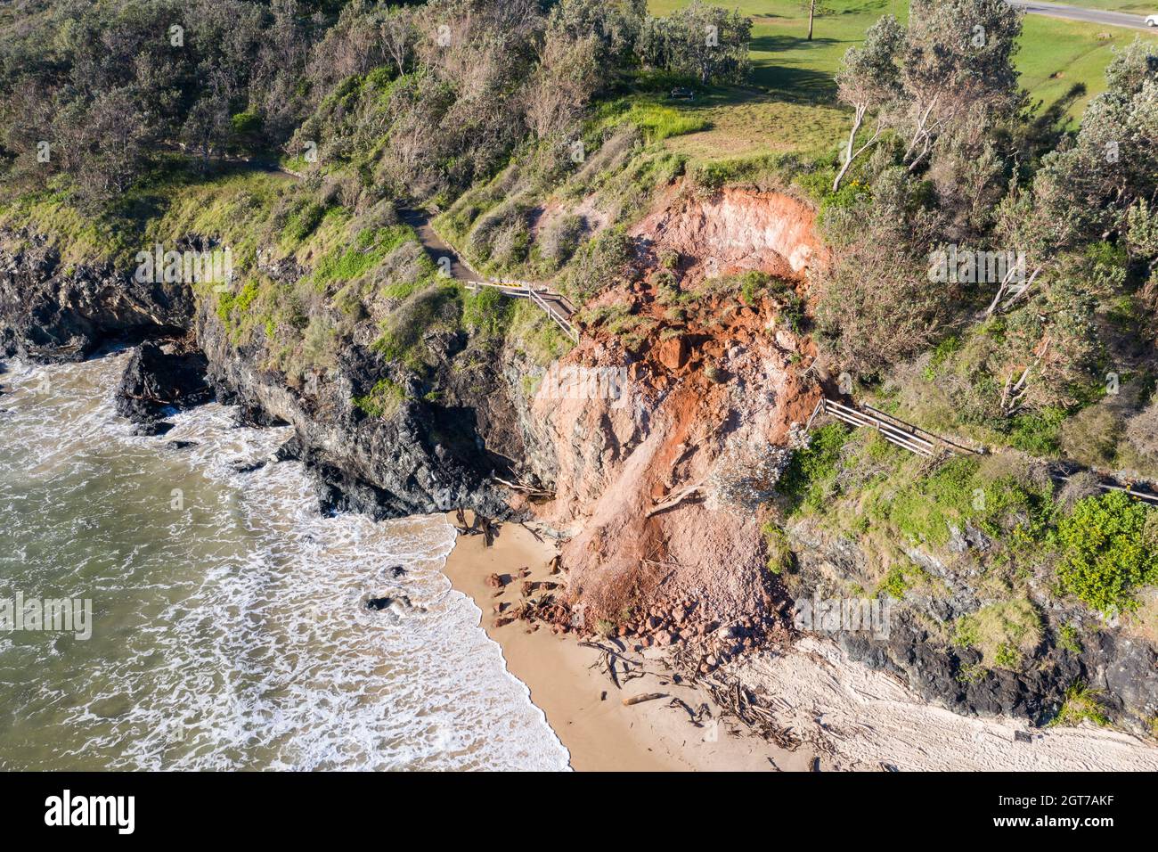 Aerial view of landslide on coastal walking path at Oxley Beach in Port Macquarie NSW Australia. This damage occured during some of the largest floodi Stock Photo