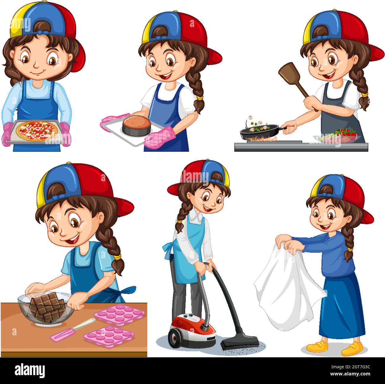 Set of a cute girl doing different activities Stock Vector