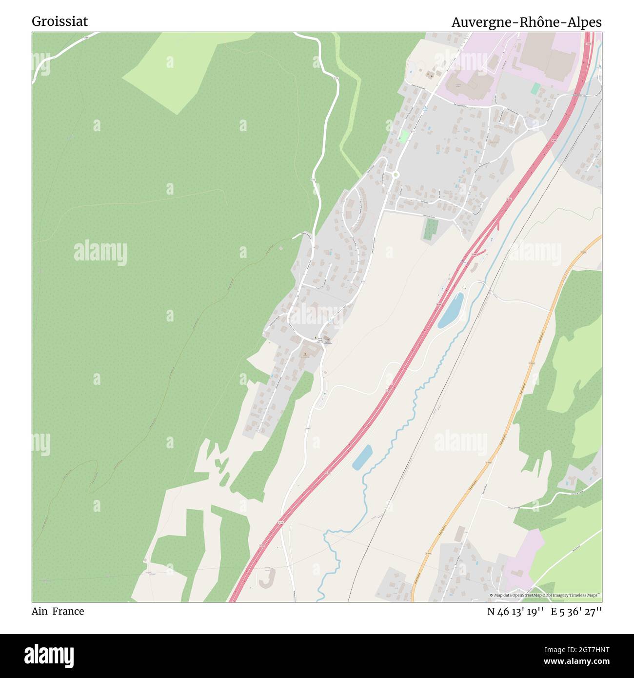 Groissiat, Ain, France, Auvergne-Rhône-Alpes, N 46 13' 19'', E 5 36' 27'', map, Timeless Map published in 2021. Travelers, explorers and adventurers like Florence Nightingale, David Livingstone, Ernest Shackleton, Lewis and Clark and Sherlock Holmes relied on maps to plan travels to the world's most remote corners, Timeless Maps is mapping most locations on the globe, showing the achievement of great dreams Stock Photo