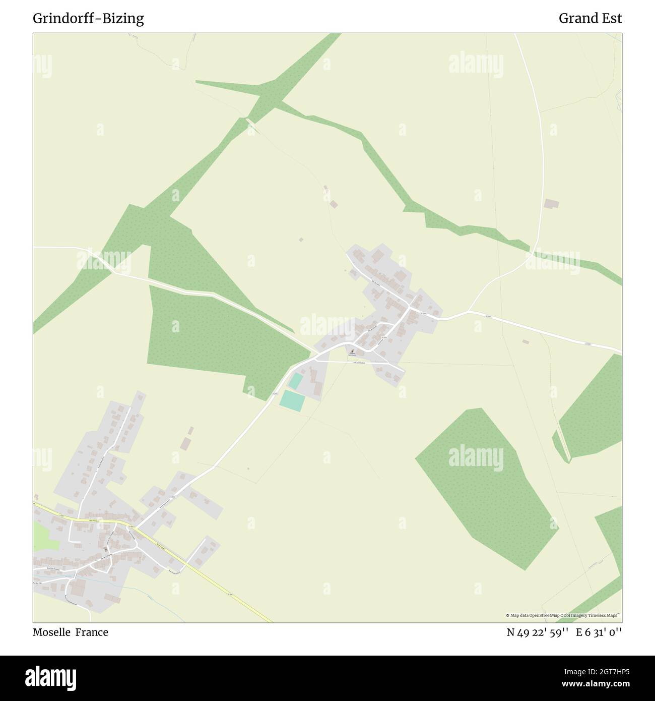 Grindorff-Bizing, Moselle, France, Grand Est, N 49 22' 59'', E 6 31' 0'', map, Timeless Map published in 2021. Travelers, explorers and adventurers like Florence Nightingale, David Livingstone, Ernest Shackleton, Lewis and Clark and Sherlock Holmes relied on maps to plan travels to the world's most remote corners, Timeless Maps is mapping most locations on the globe, showing the achievement of great dreams Stock Photo