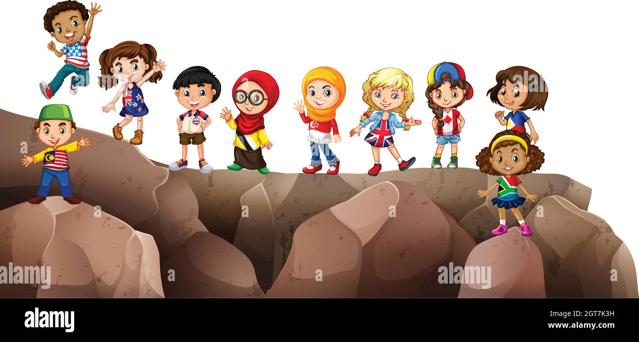 Children from different countries on the cliff Stock Vector