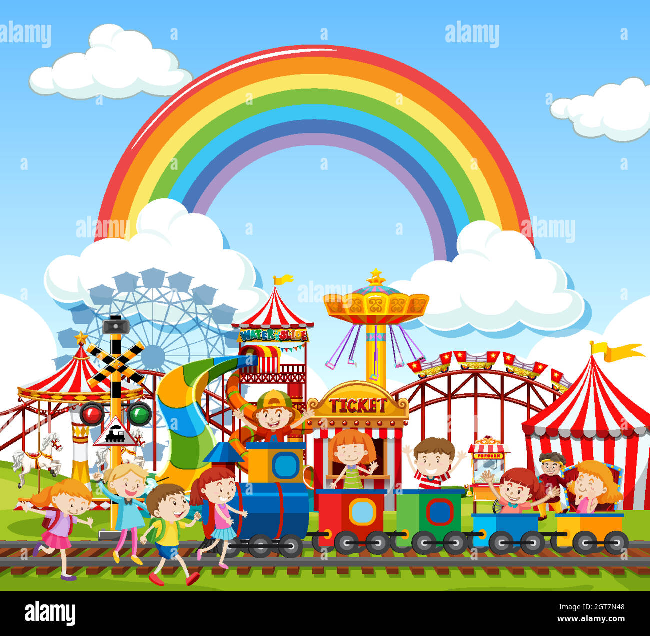 Amusement park scene at daytime with rainbow in the sky Stock Vector ...