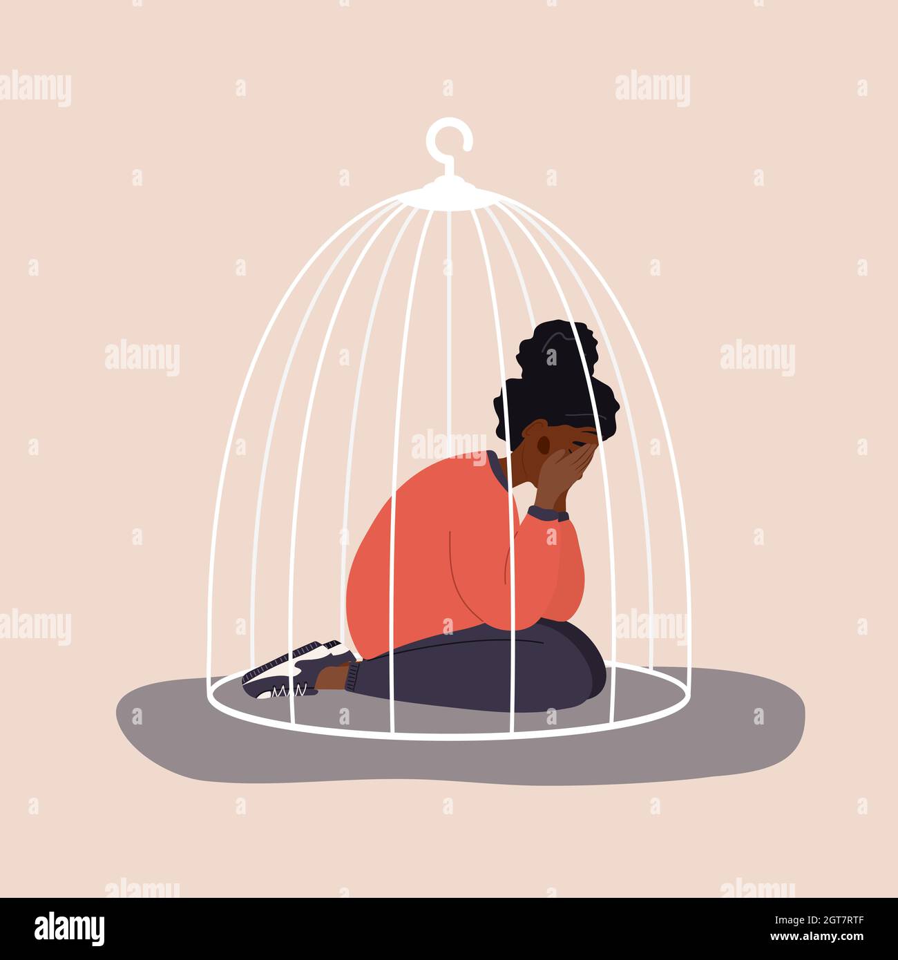 African woman locked in cage. Sad teenager sitting on floor and crying. Social isolation concept. Female empowerment movement. Violence in family Stock Vector