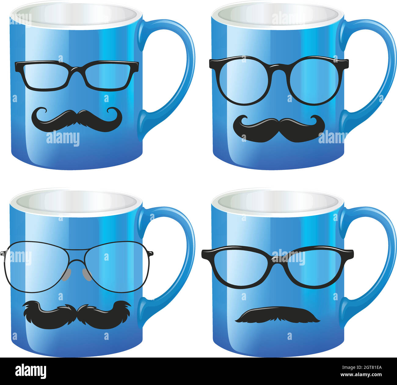 Blue cups with glasses and mustaches Stock Vector