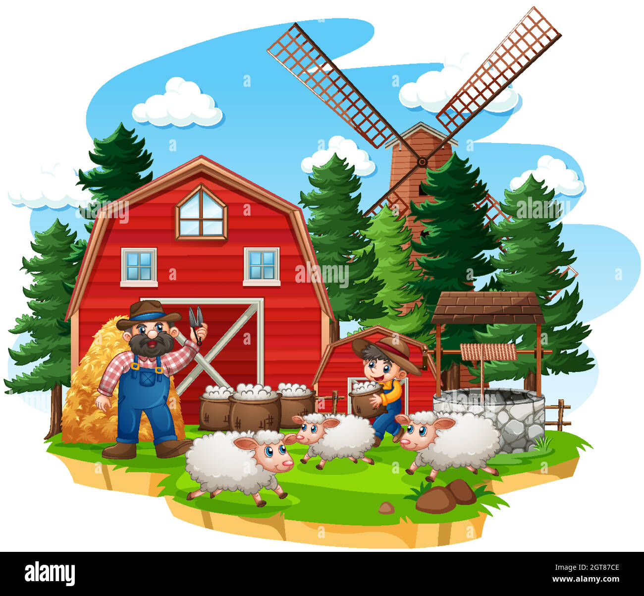 Farm with red barn and windmill on white background Stock Vector Image ...