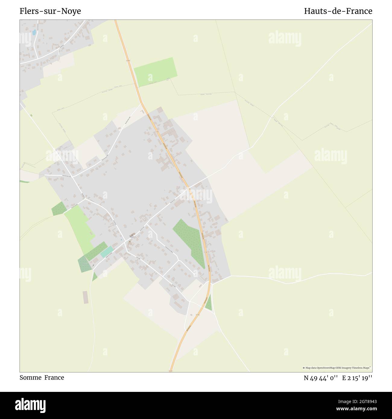 Flers-sur-Noye, Somme, France, Hauts-de-France, N 49 44' 0'', E 2 15' 19'', map, Timeless Map published in 2021. Travelers, explorers and adventurers like Florence Nightingale, David Livingstone, Ernest Shackleton, Lewis and Clark and Sherlock Holmes relied on maps to plan travels to the world's most remote corners, Timeless Maps is mapping most locations on the globe, showing the achievement of great dreams Stock Photo