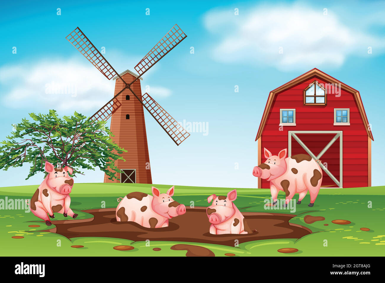 Pigs playing in mud farm scene Stock Vector