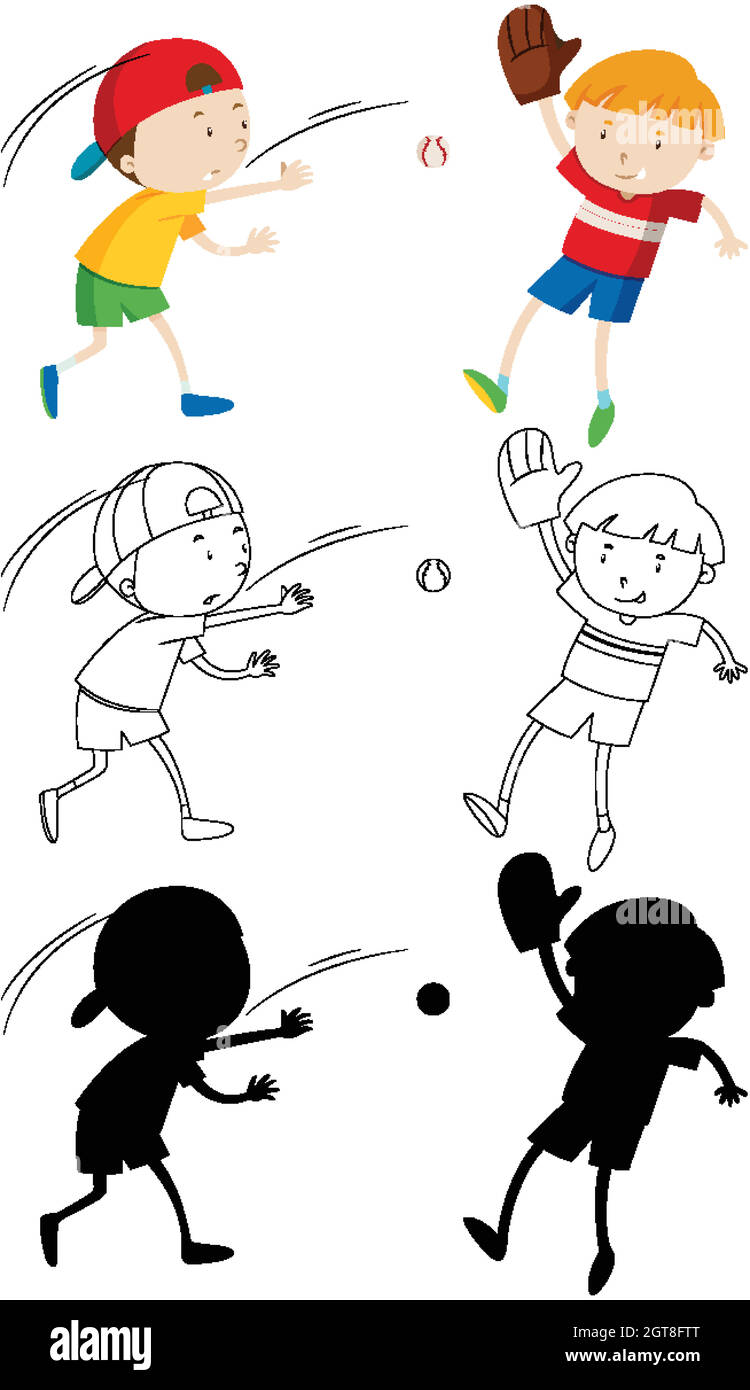 Two kids playing baseball in color and in outline and silhouette Stock Vector